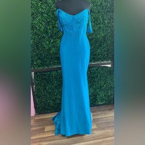 Mori Lee Off the Shoulder Turquoise Gown